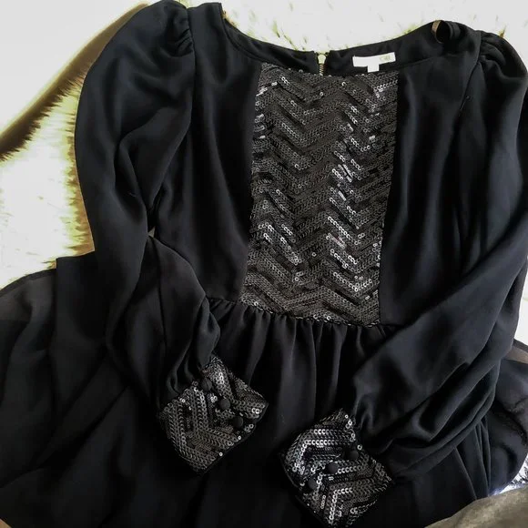 Gianni Bini Black Sequin Hi-Low Cocktail Dress | Long Sleeve | Size 5 - Picture 5 of 10